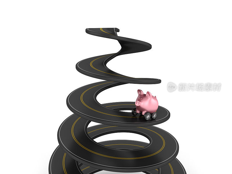螺旋路与小猪银行在轮子上- 3D渲染